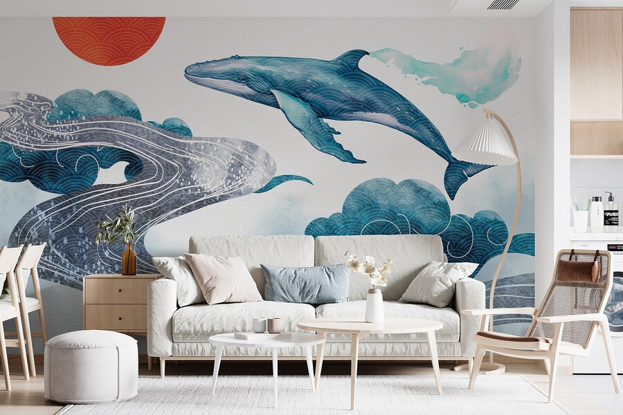 Baleine et eau avec un soleil rouge