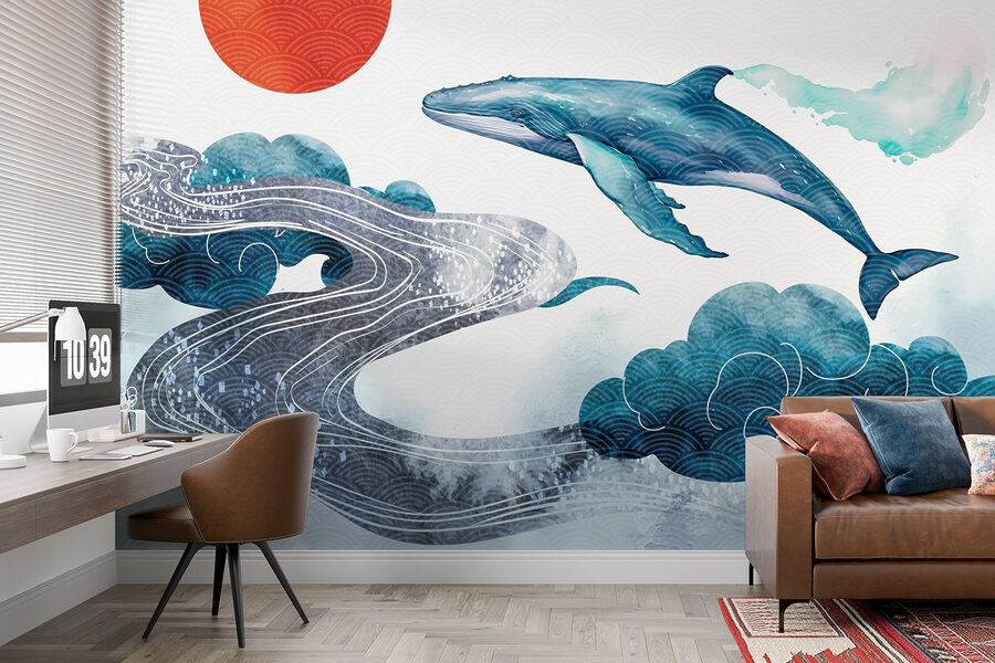 Baleine et eau avec un soleil rouge