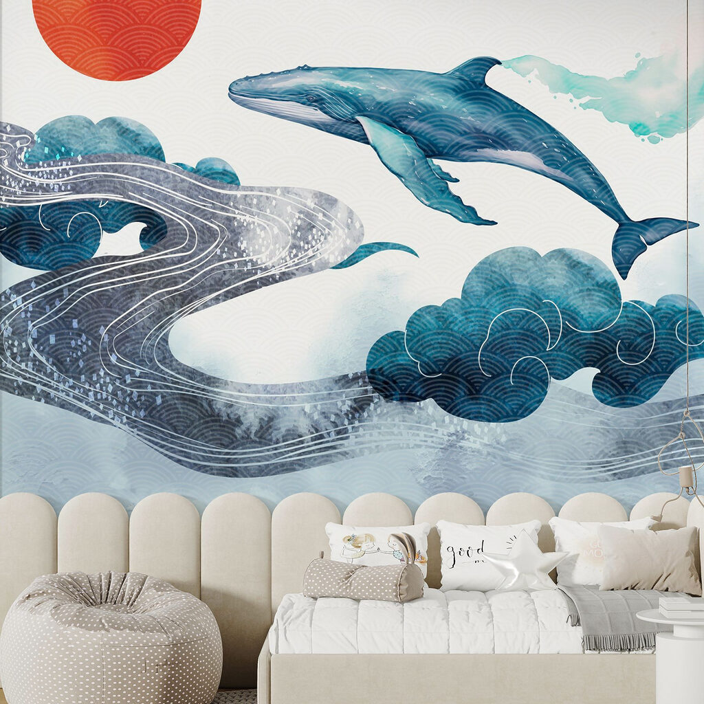 Whale and water with a red sun