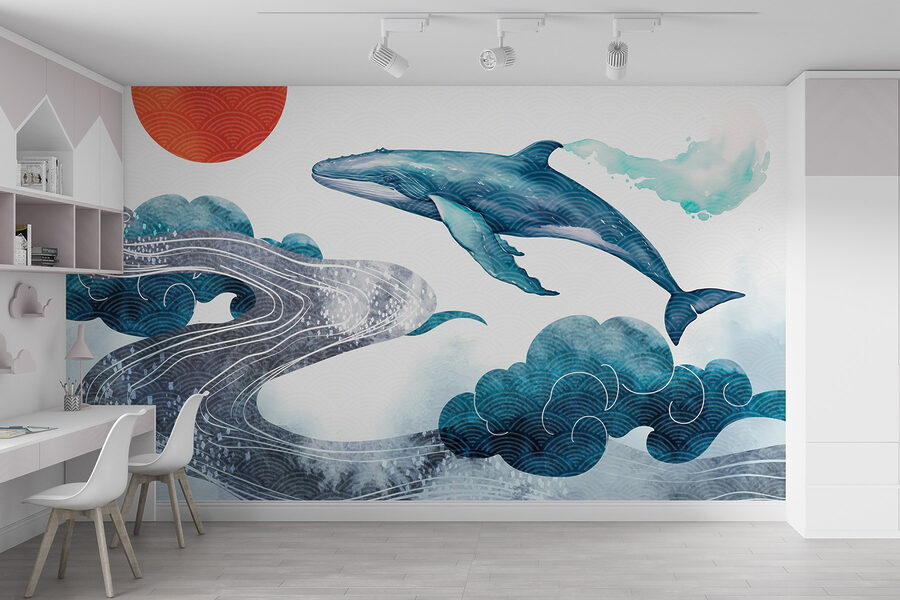 Baleine et eau avec un soleil rouge