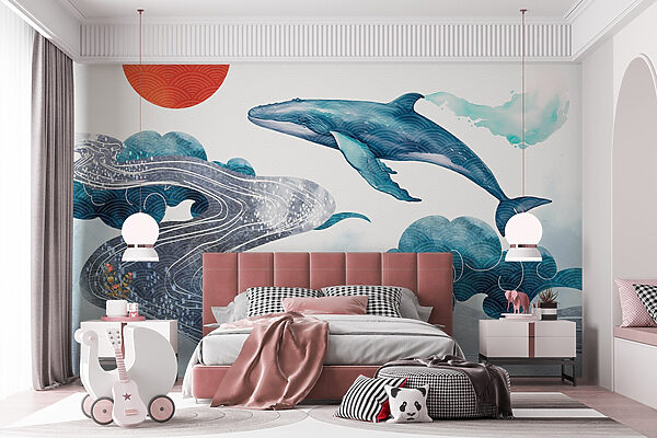 Baleine et eau avec un soleil rouge Baleine et eau avec un soleil rouge