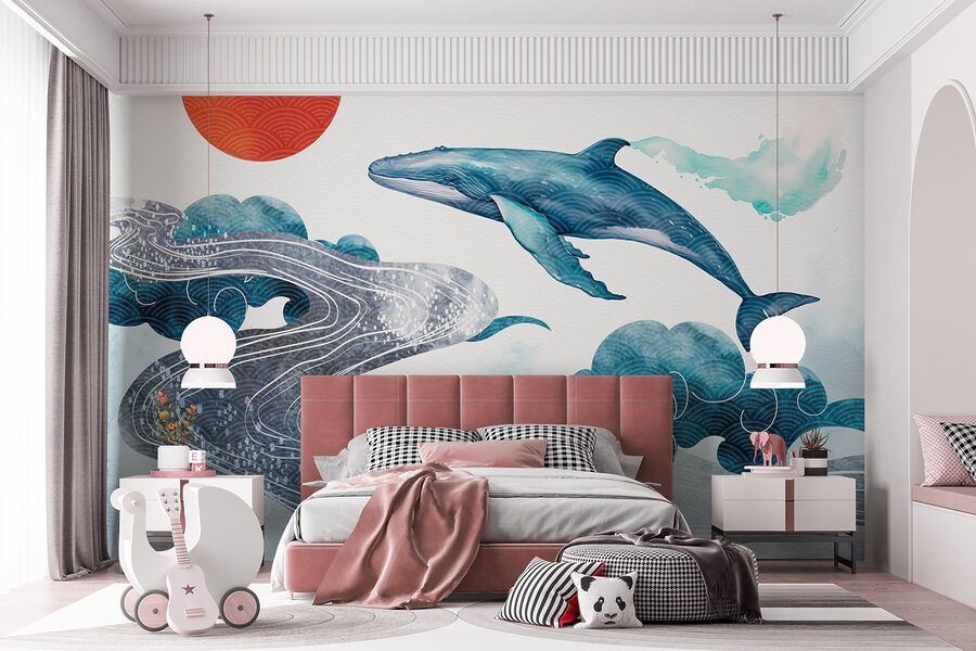 Baleine et eau avec un soleil rouge