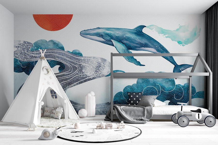 Baleine et eau avec un soleil rouge