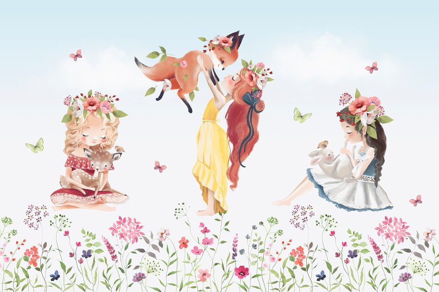 Groupe de filles tenant des animaux dans un champ de fleurs