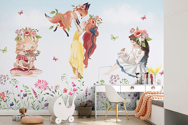 Groupe de filles tenant des animaux dans un champ de fleurs Groupe de filles tenant des animaux dans un champ de fleurs