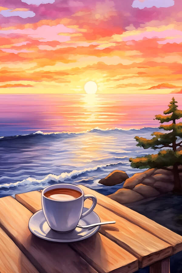 Tasse de café sur une table surplombant un plan d'eau Tasse de café sur une table surplombant un plan d'eau