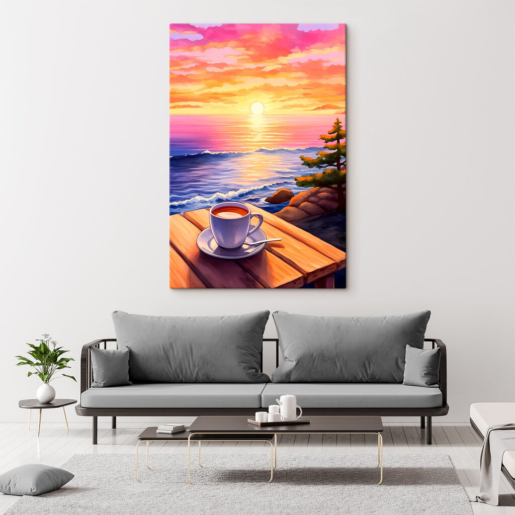 Cup of coffee on a table overlooking a body of water