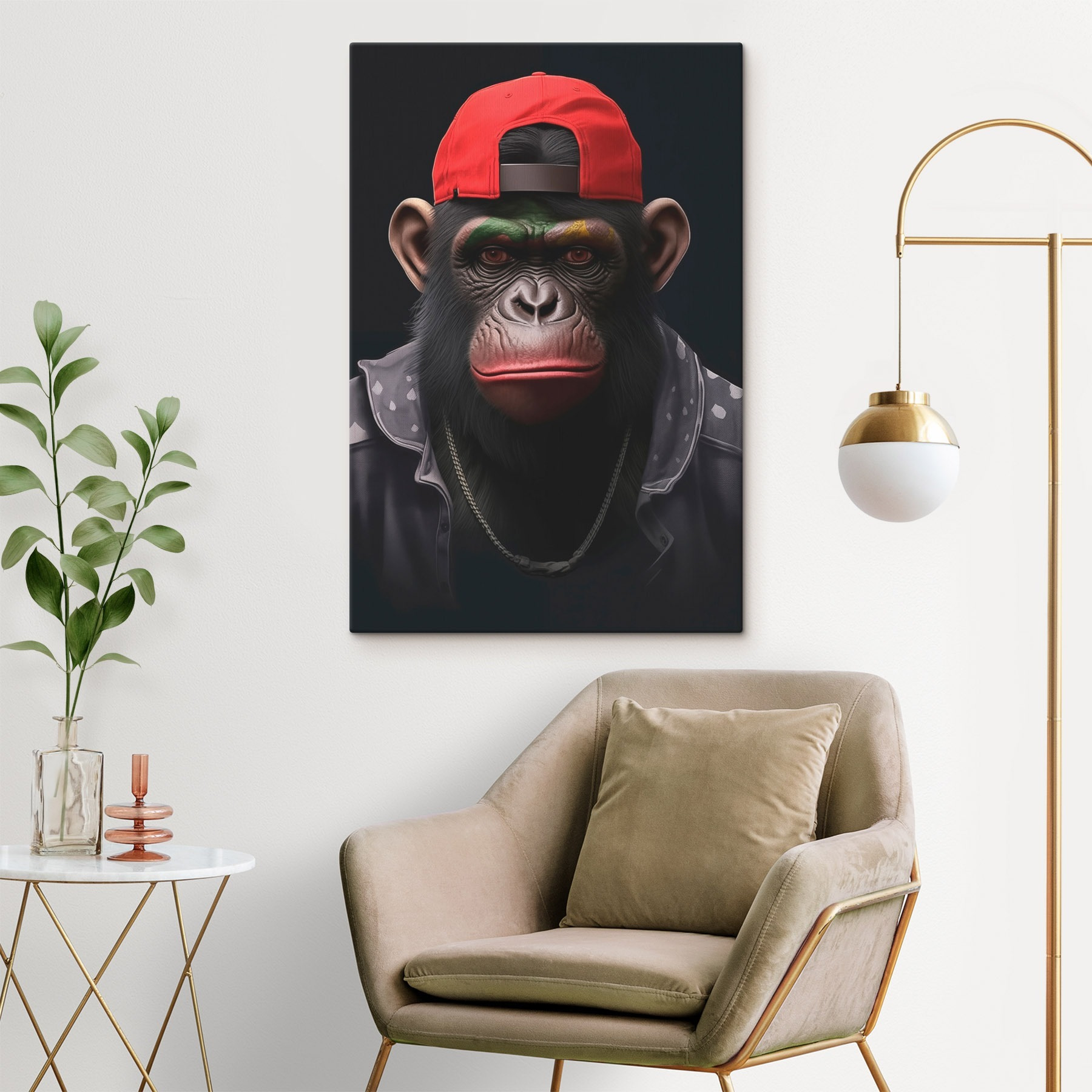 Chimpanzee wearing a red hat and jacket