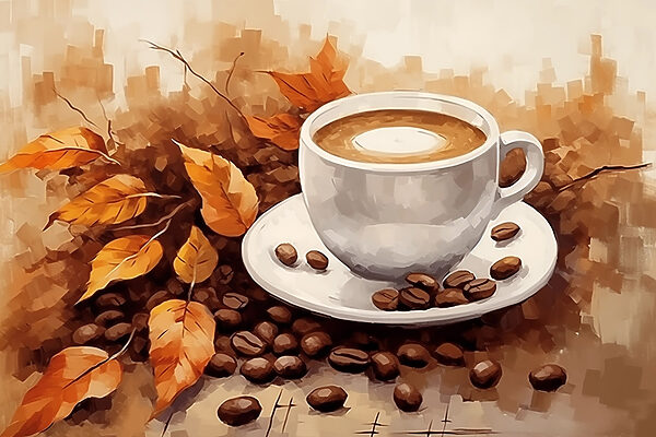 Tasse à café et grains de café sur une soucoupe Tasse à café et grains de café sur une soucoupe