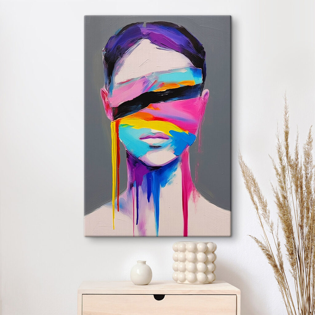 Painting of a woman with colorful paint on her face