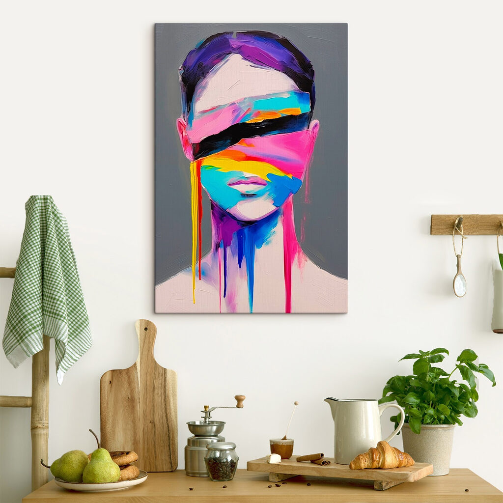 Painting of a woman with colorful paint on her face