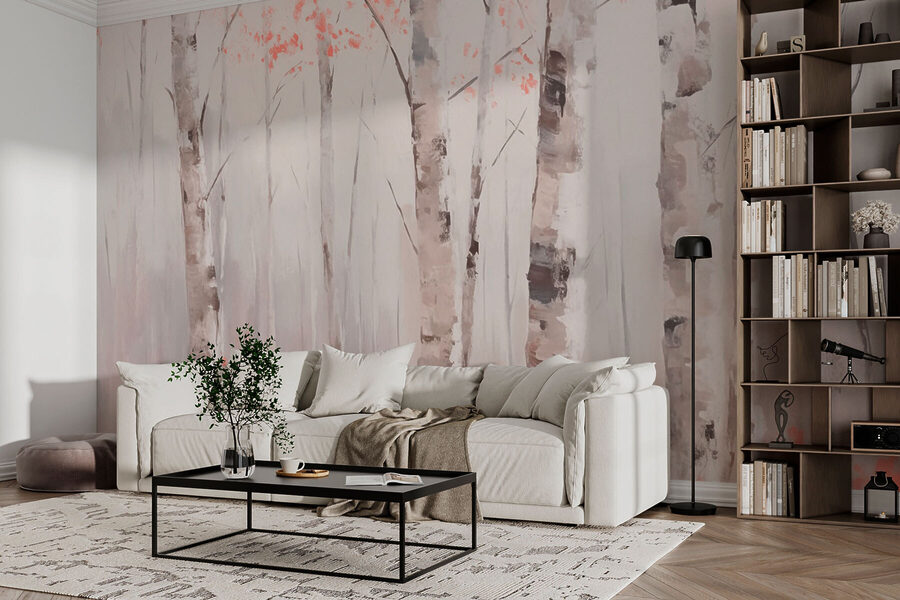 Peinture d'arbres aux feuilles roses