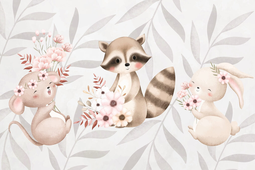 Raton laveur et lapin tenant des fleurs Raton laveur et lapin tenant des fleurs