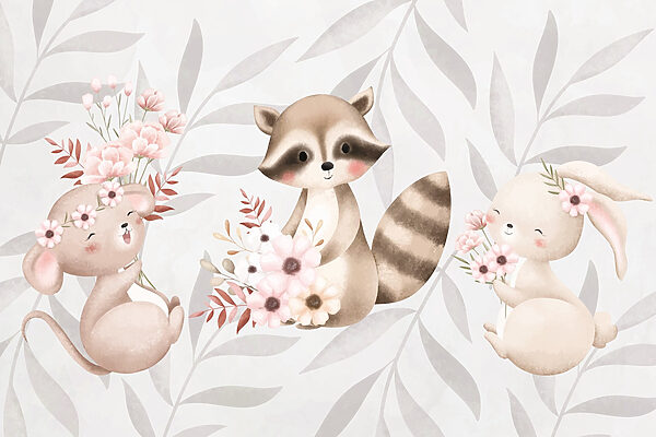 Raton laveur et lapin tenant des fleurs Raton laveur et lapin tenant des fleurs