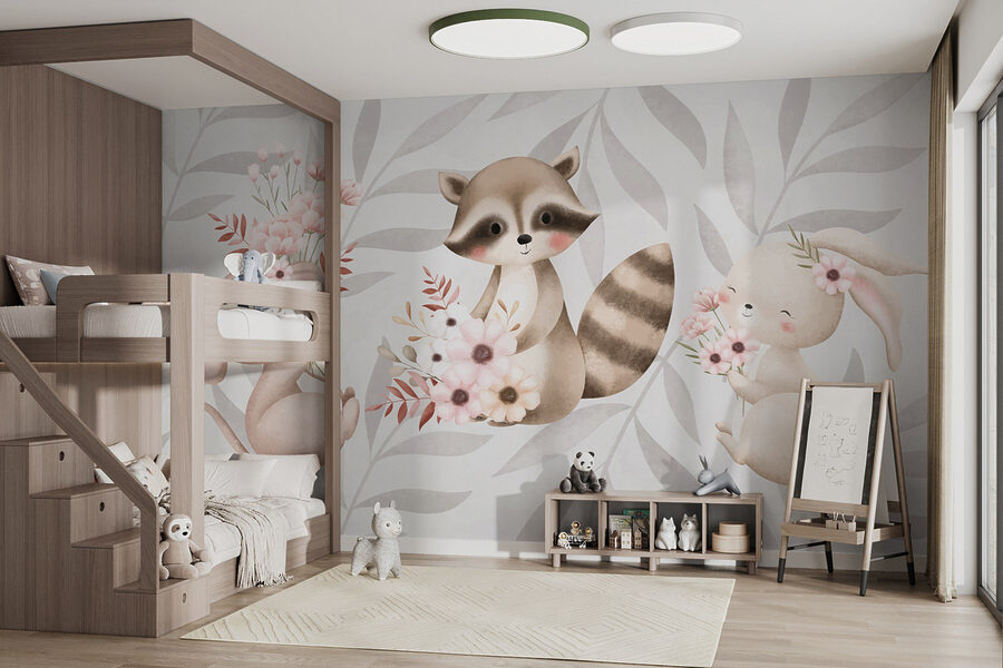 Raton laveur et lapin tenant des fleurs Raton laveur et lapin tenant des fleurs