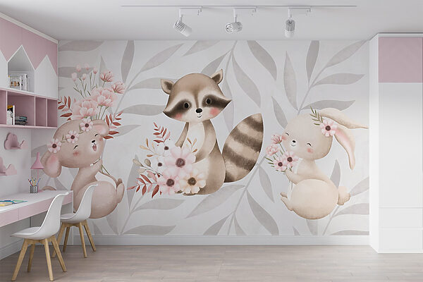 Raton laveur et lapin tenant des fleurs Raton laveur et lapin tenant des fleurs