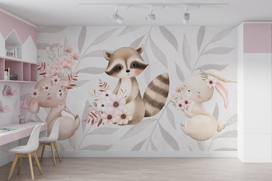Raton laveur et lapin tenant des fleurs Raton laveur et lapin tenant des fleurs