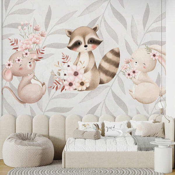 Raton laveur et lapin tenant des fleurs Raton laveur et lapin tenant des fleurs