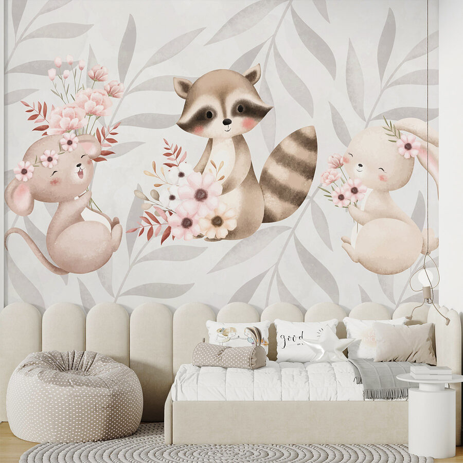 Raton laveur et lapin tenant des fleurs Raton laveur et lapin tenant des fleurs