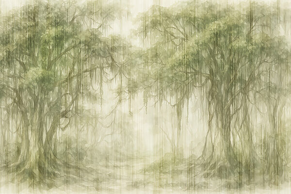 Peinture d'arbres dans une forêt brumeuse Peinture d'arbres dans une forêt brumeuse