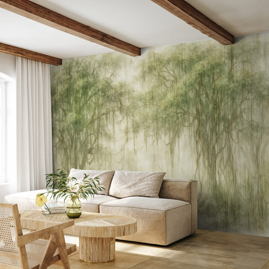 Peinture d'arbres dans une forêt brumeuse