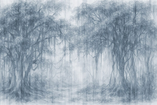 Group of trees in a foggy forest Group of trees in a foggy forest