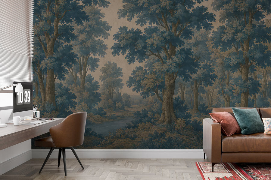 Peinture d'arbres et d'une rivière