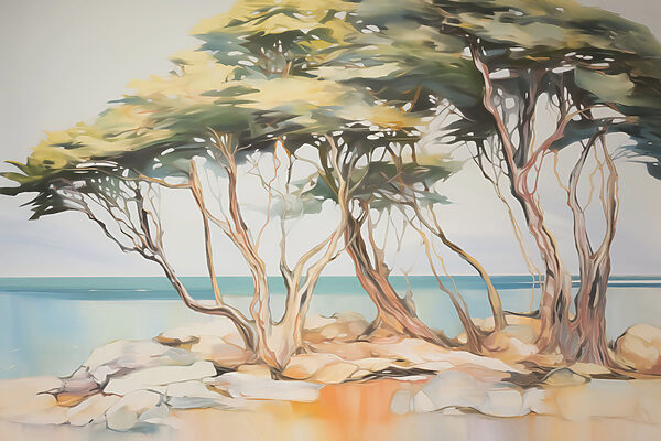 Groupe d'arbres sur une île rocheuse Groupe d'arbres sur une île rocheuse