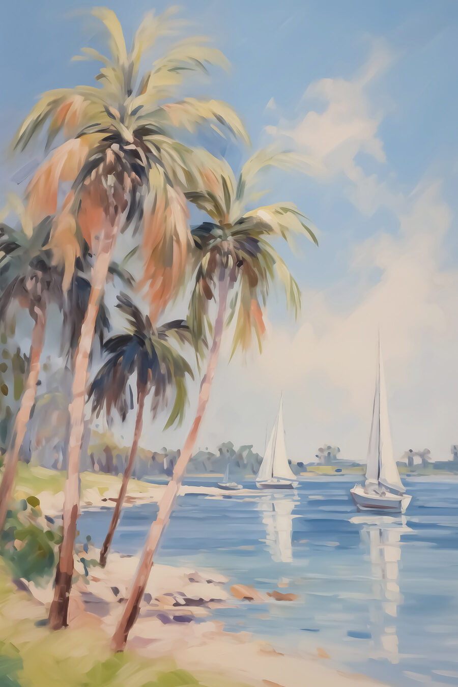 Peinture d'une plage avec des palmiers et des bateaux