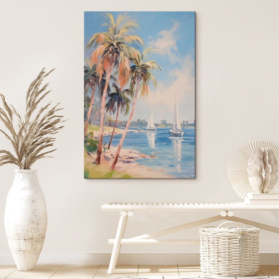 Peinture d'une plage avec des palmiers et des bateaux
