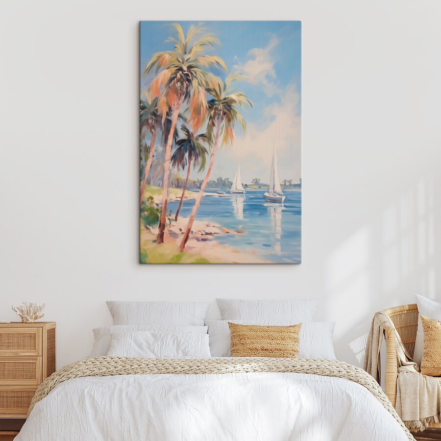 Peinture d'une plage avec des palmiers et des bateaux