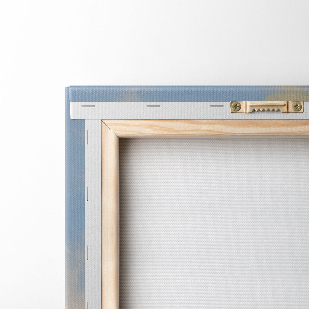 Painting of a beach with palm trees and boats