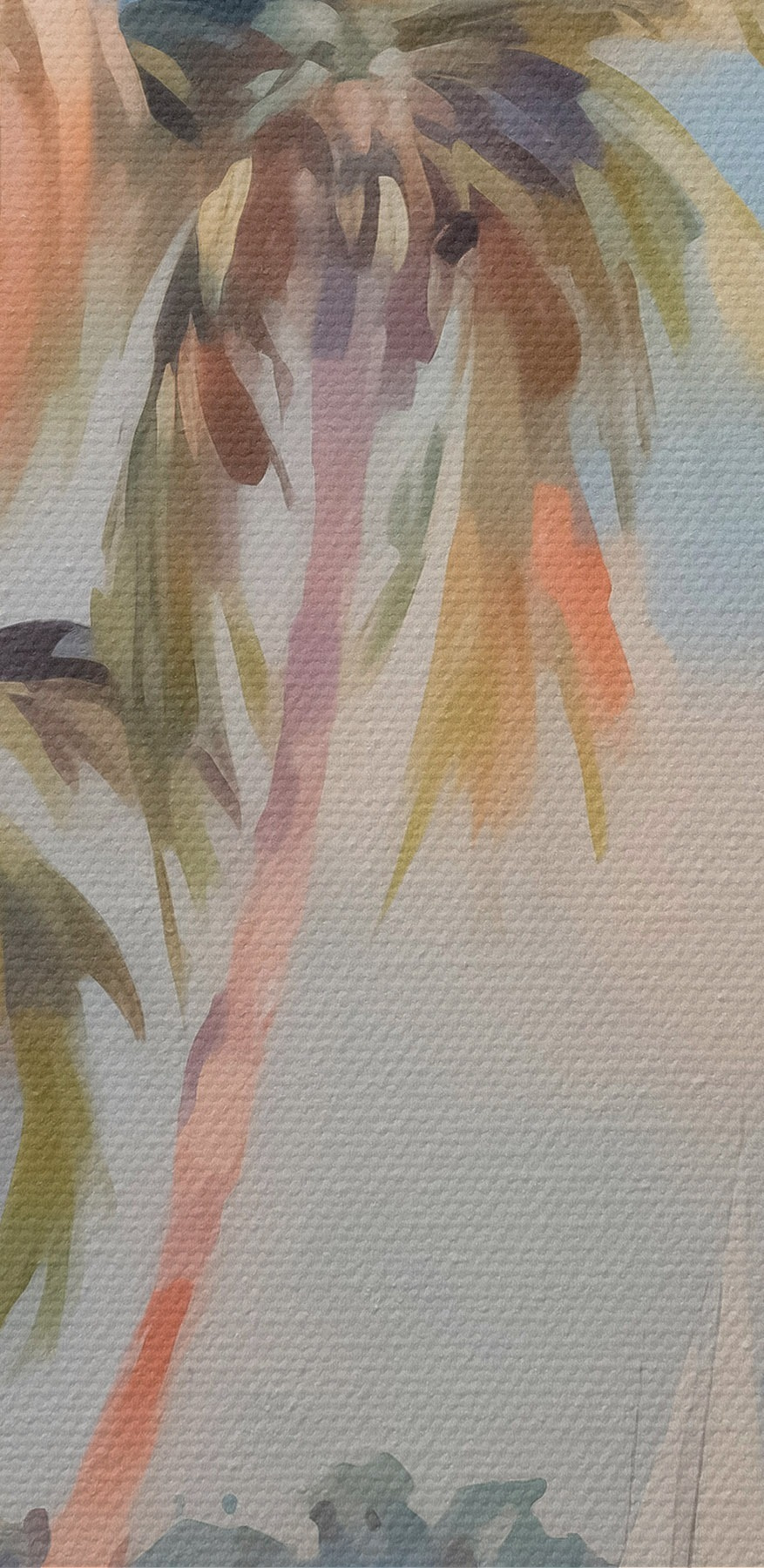 Peinture d'une plage avec des palmiers et des bateaux