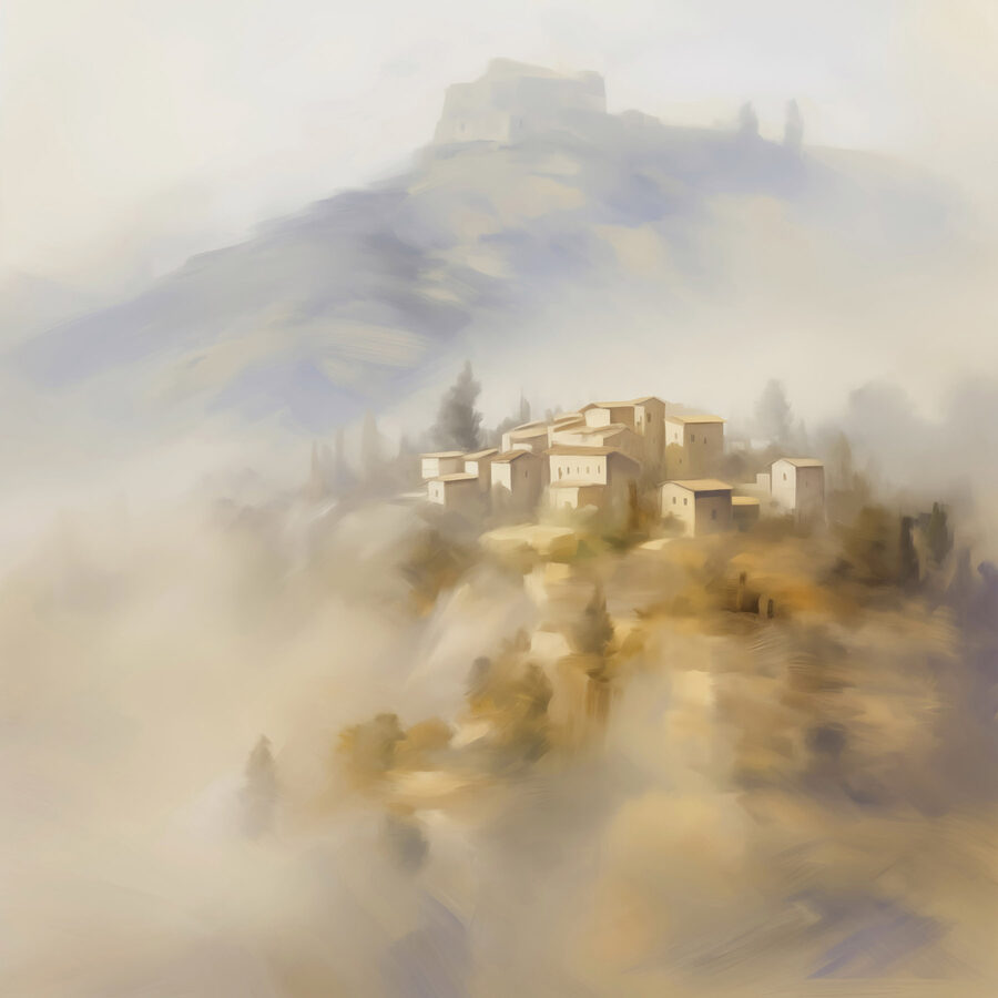Peinture d'un village sur une colline