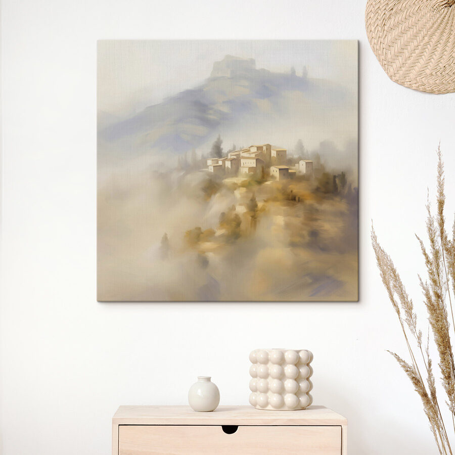 Peinture d'un village sur une colline