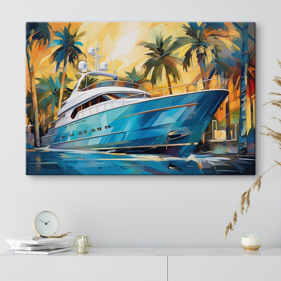 Tableaux Bateau bleu dans l'eau avec des palmiers