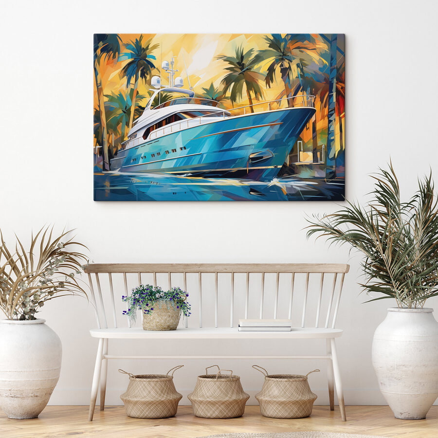 Tableaux Bateau bleu dans l'eau avec des palmiers – Image 2