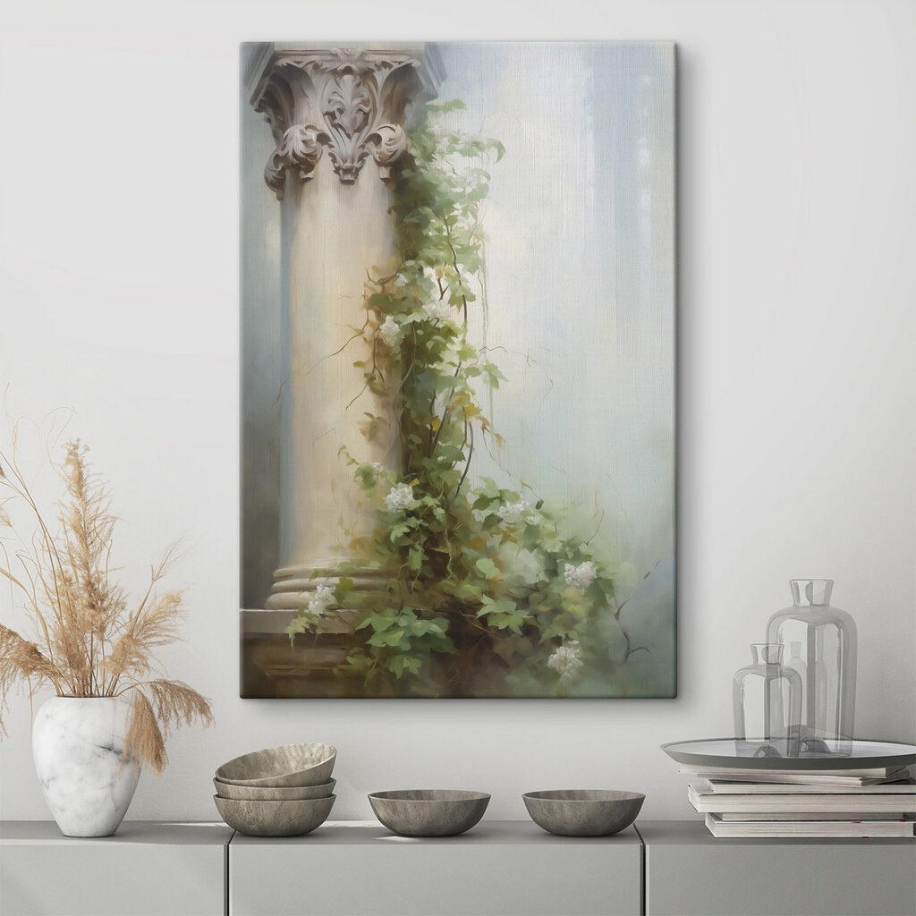 Painting of a column with ivy growing on it