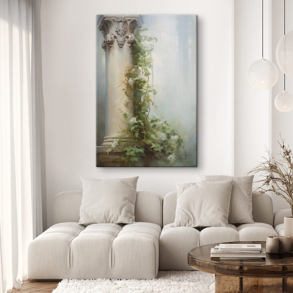 Painting of a column with ivy growing on it