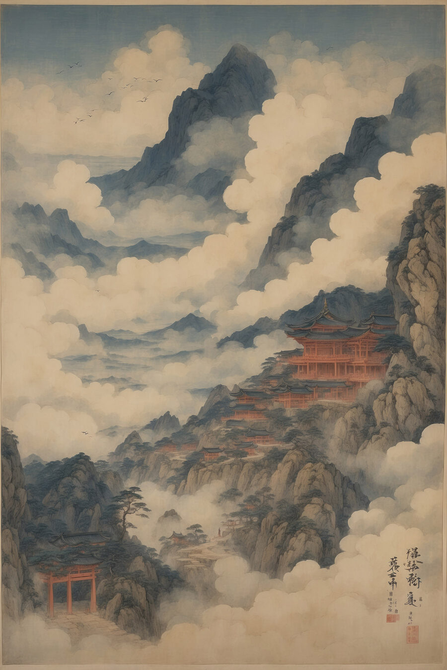 Peinture d'un temple sur une montagne