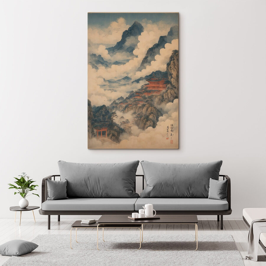 Peinture d'un temple sur une montagne
