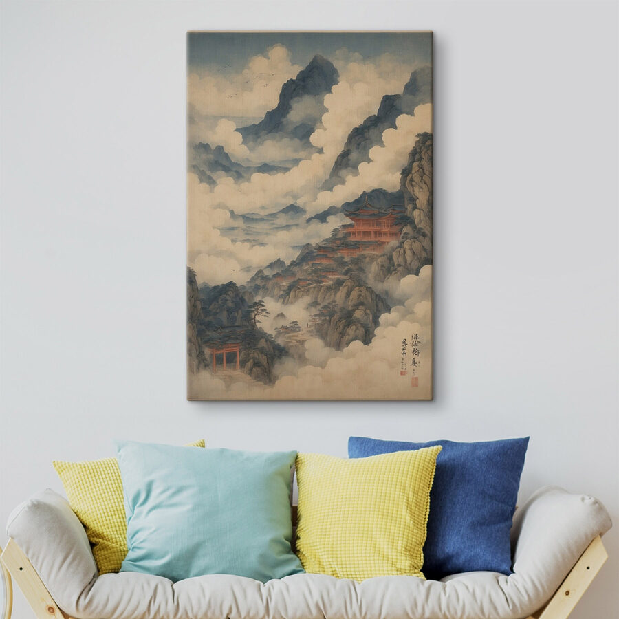 Peinture d'un temple sur une montagne