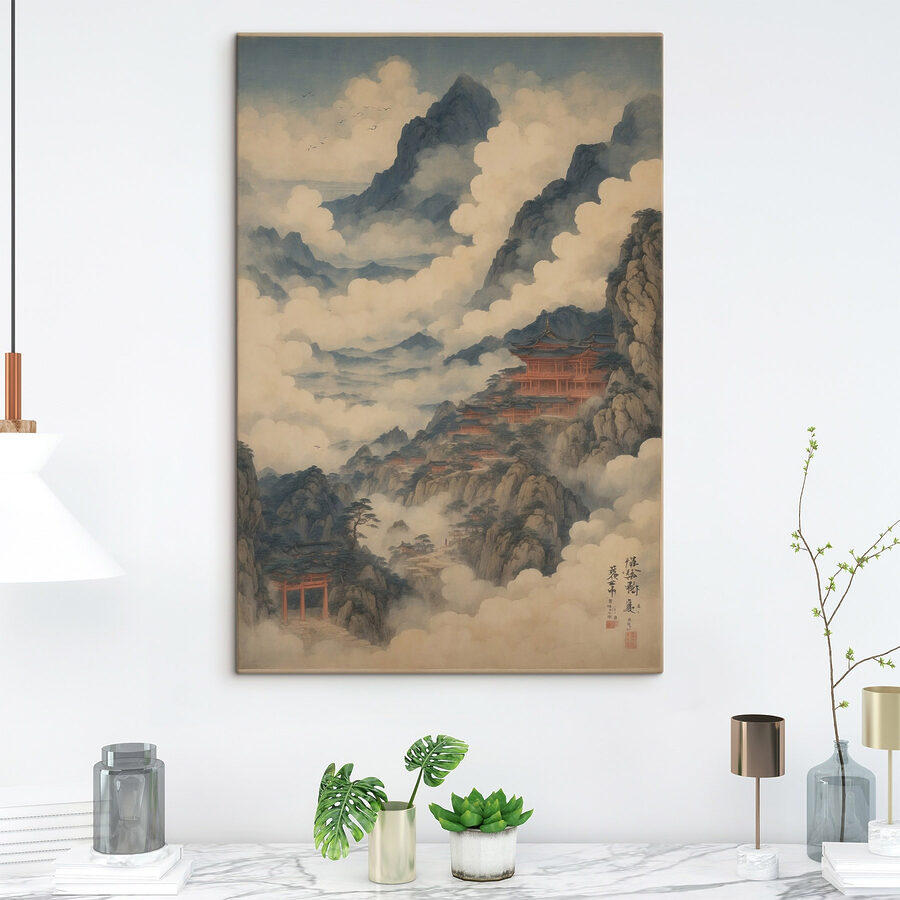 Peinture d'un temple sur une montagne
