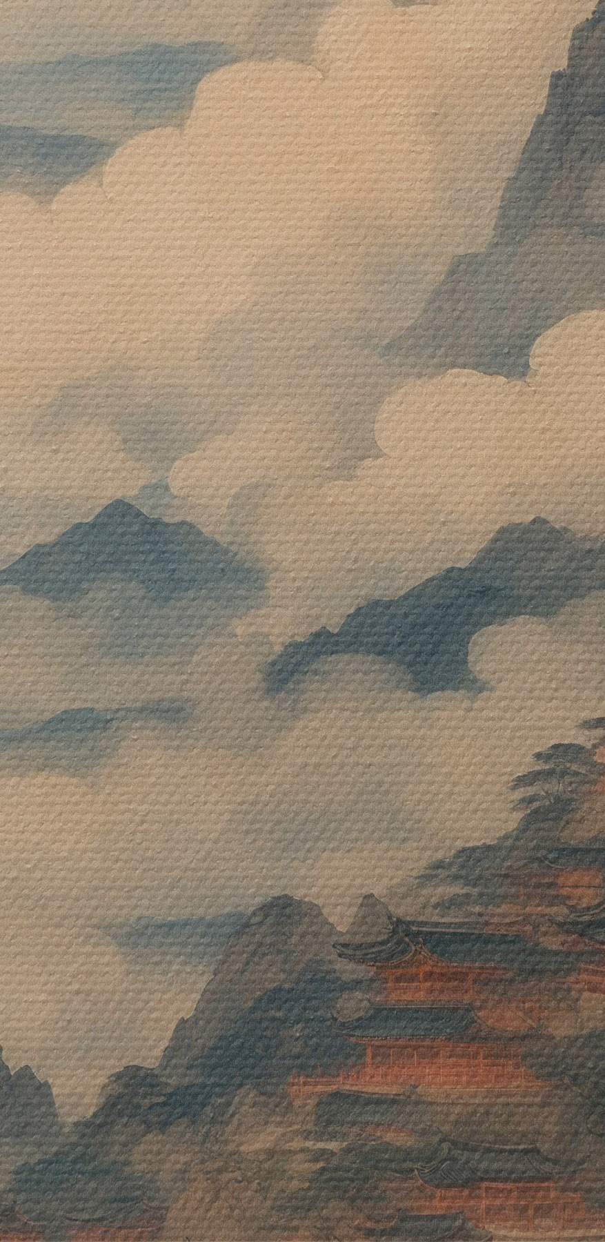 Peinture d'un temple sur une montagne