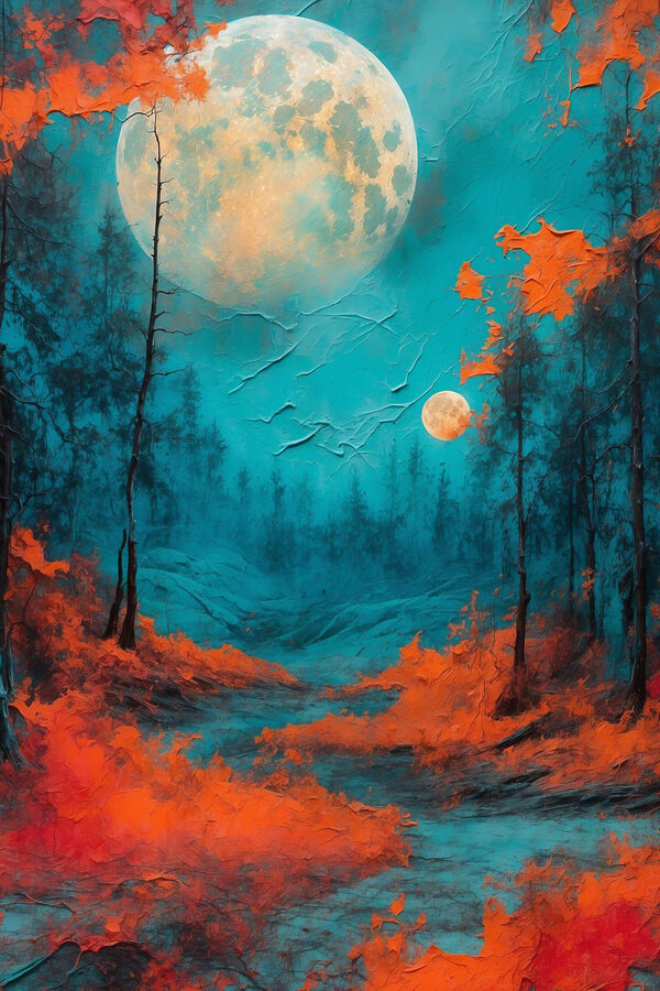 Painting of a forest with orange leaves and a full moon Painting of a forest with orange leaves and a full moon