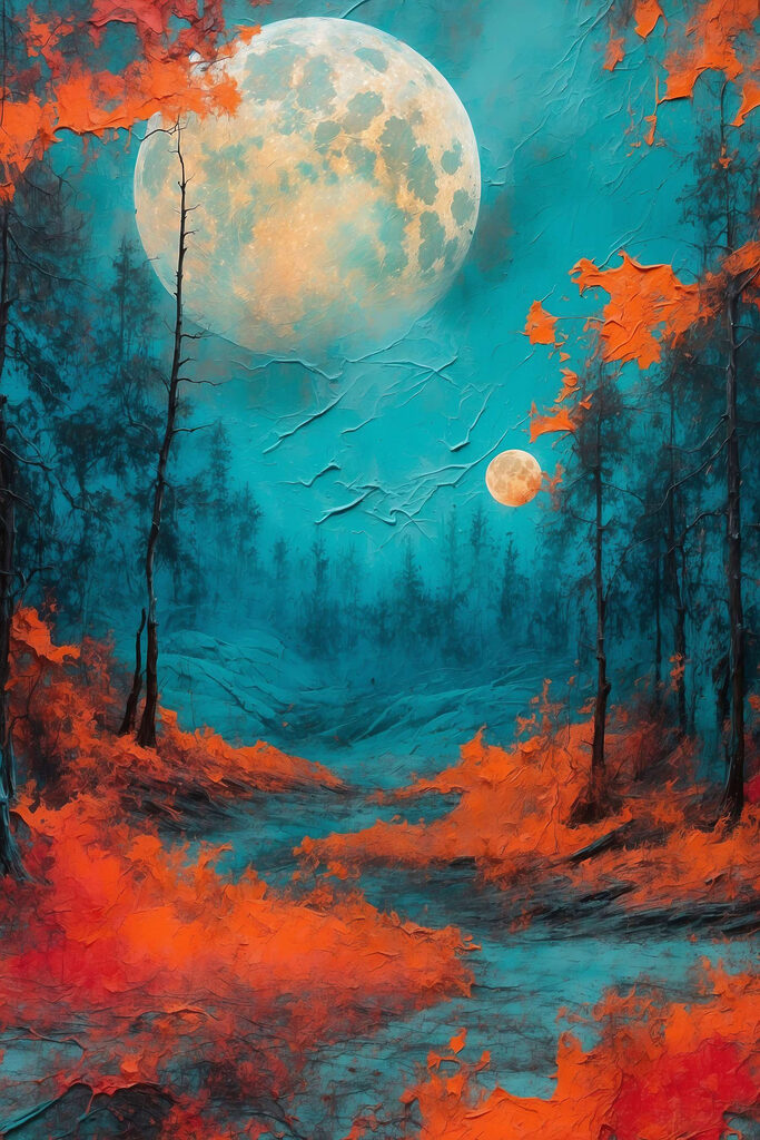 Painting of a forest with orange leaves and a full moon Painting of a forest with orange leaves and a full moon
