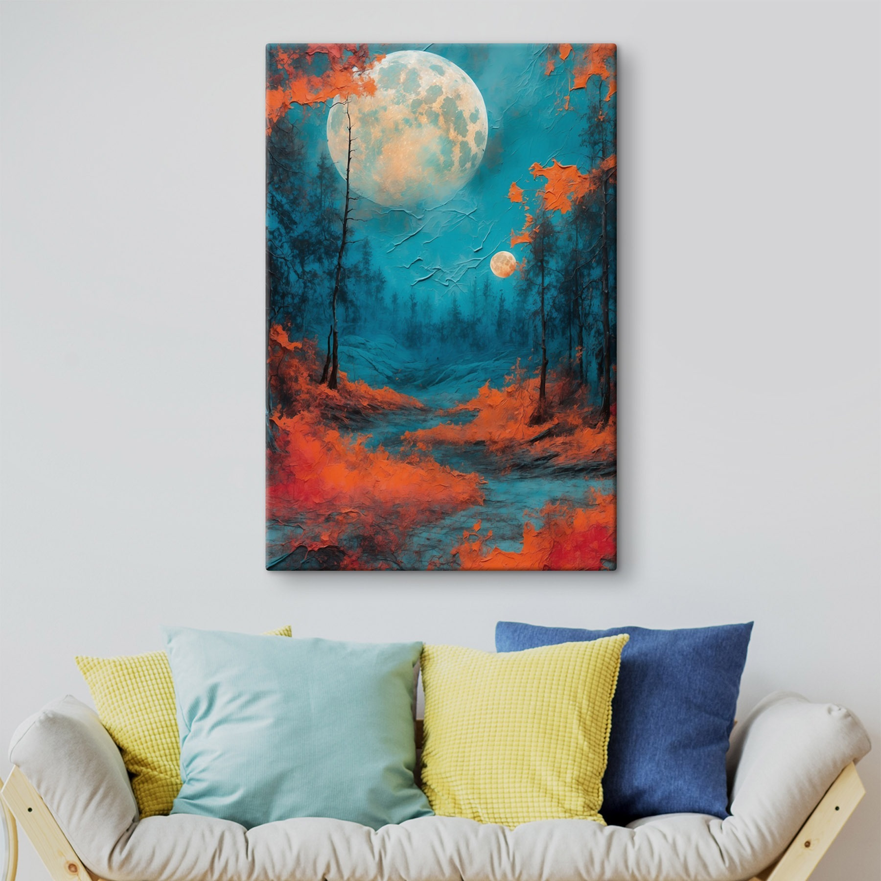 Painting of a forest with orange leaves and a full moon Painting of a forest with orange leaves and a full moon