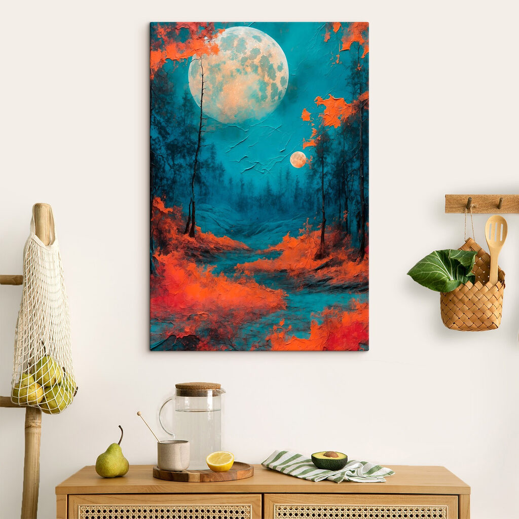Painting of a forest with orange leaves and a full moon Painting of a forest with orange leaves and a full moon