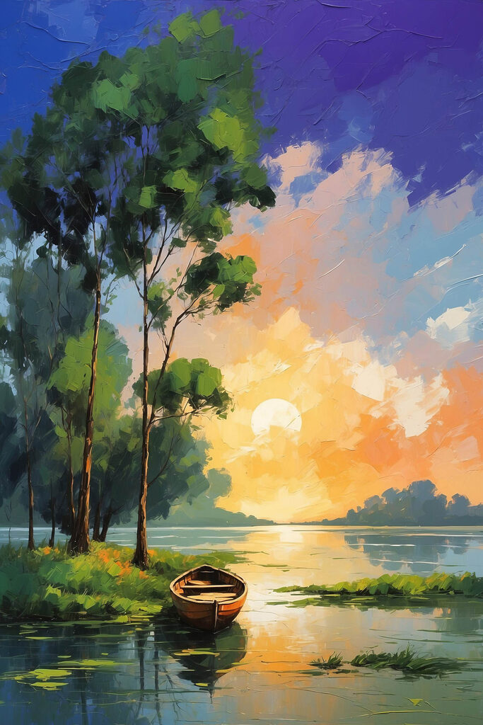 Painting of a boat on a lake