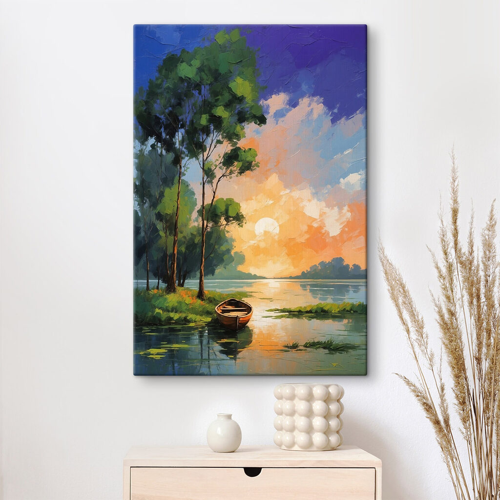 Painting of a boat on a lake